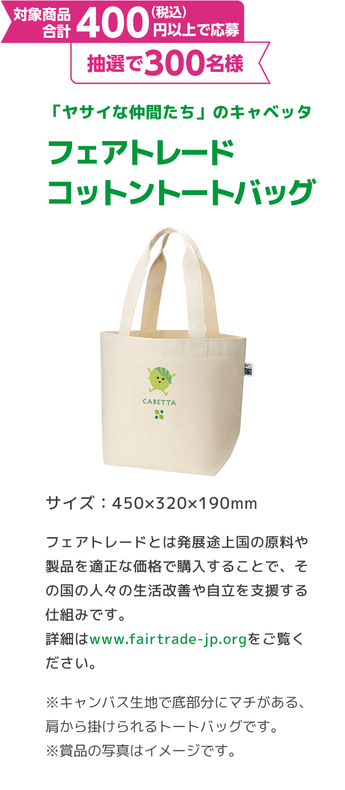 対象商品合計400円以上で応募 抽選で300名様 フェアトレードコットントートバッグ