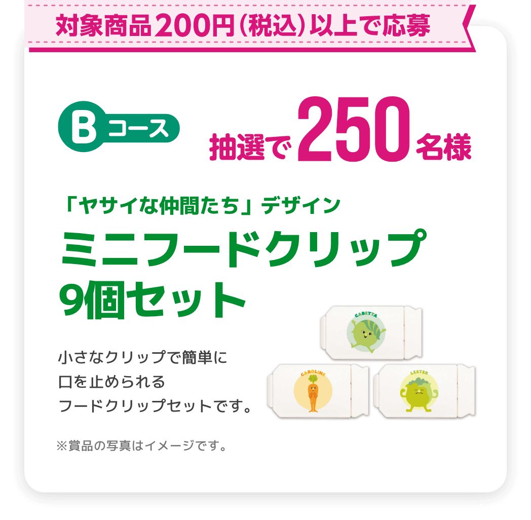 対象商品合計200円以上で応募 抽選で250名様 フードクリップ9個セット