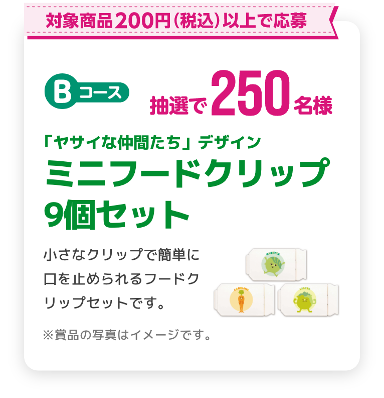 対象商品合計200円以上で応募 抽選で250名様 フードクリップ9個セット